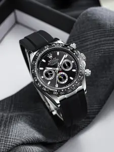 Men's Luxury Business Watch, Round Analog Face, Waterproof Silicone Strap, Quartz Movement, Casual Fashion, All Seasons