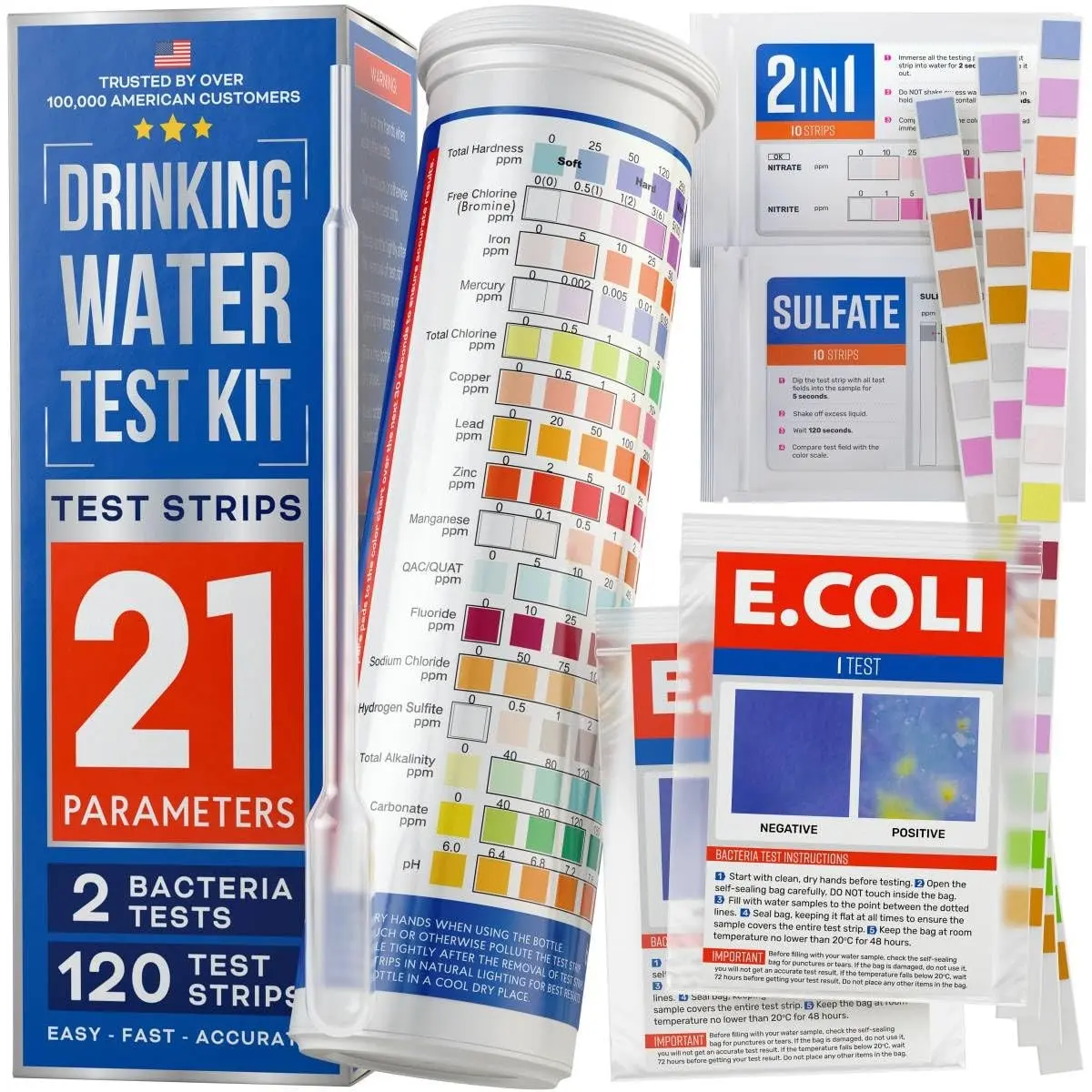Bestprod All-New 21 in 1 Drinking Water Testing Kit Strips, Home Tap and Well Water Test Kit for Hardness, Lead, Iron, Copper, Chlorine, Fluoride
