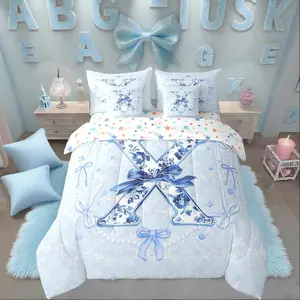 7Pcs Teen Girl Coquette Bow Bedding Set,Fantasy Blue Initial Bow Bed in A Bag X Comforter Set with Sheets with Chic Floral Design Girly Rose Flower Bowknot Quilt(X)