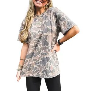 Znacicc Women's Vintage Retro Camouflage Print Casual Tee Round Neck Drop Shoulder Design Ideal for Summer Vibes Road Trips & Relaxed Outfits