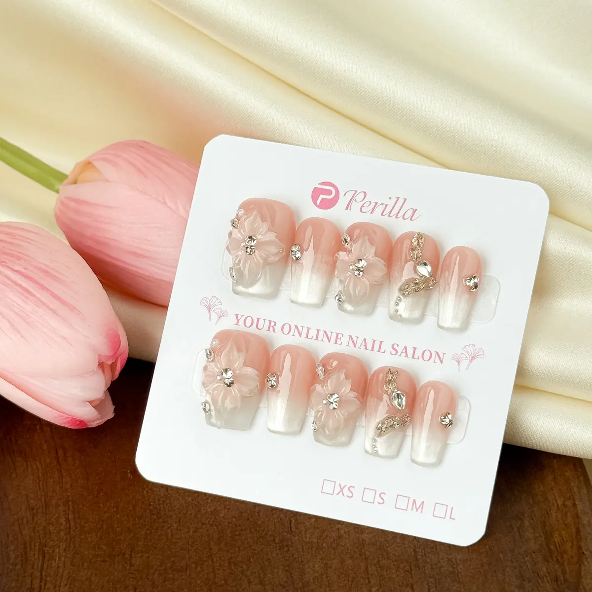 Perilla CF1-CF5 3D Flowers Handmade Press on False Nails Short Coffin Cat Eye Stick on Nails with Tool Kit