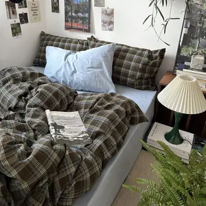 Vintage Duvet Cover Set Queen Size - 3 Piece Washed Cotton Bedding Set with Grid Pattern, Soft & Breathable Duvet Cover with Pillowcases for All,(Brown & Blue,Beige)