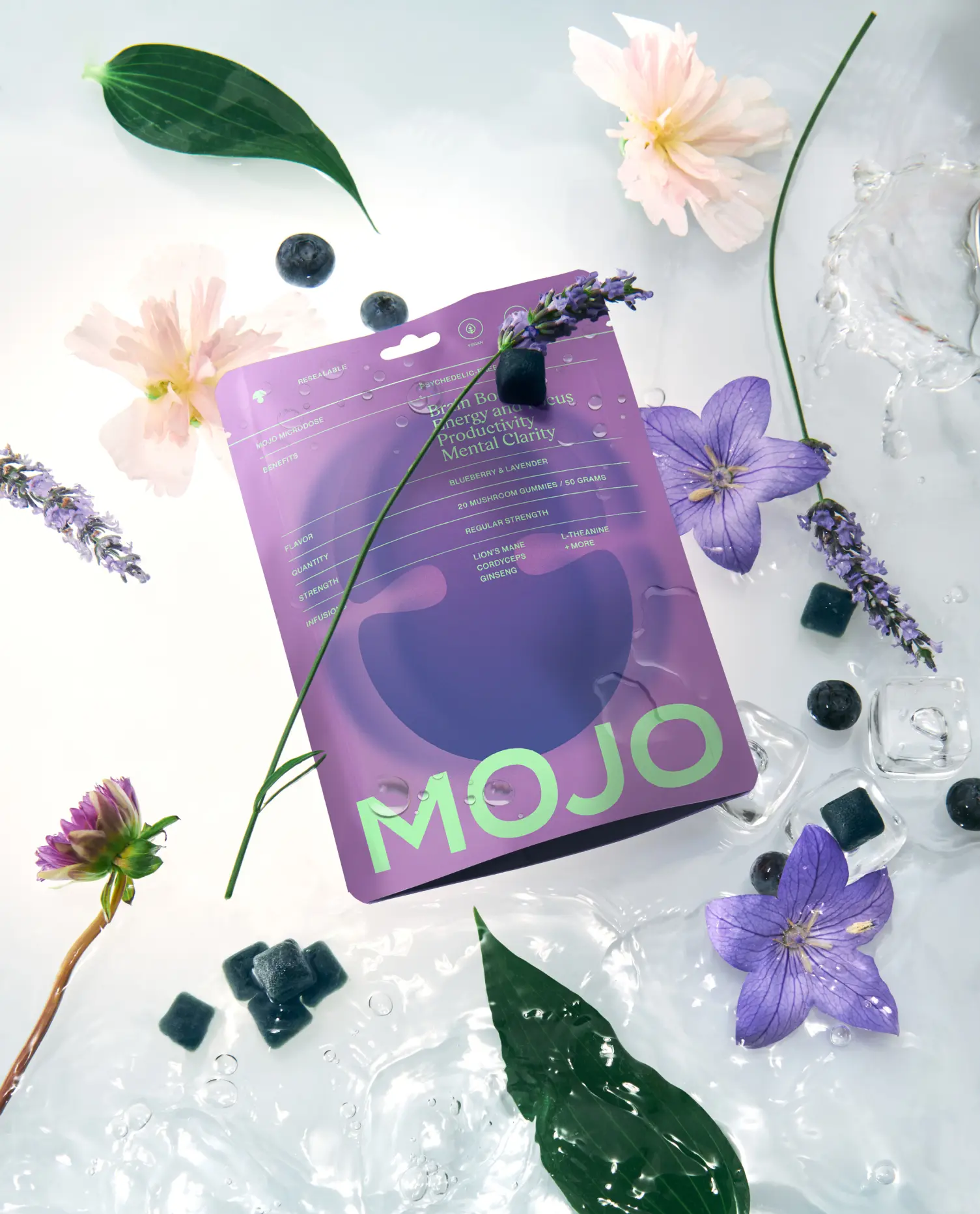 MOJO Brain Boost Gummy Energy & Focus Gummy - Blueberry Lavender Vegan Snacks Healthy Fruit Packaged Healthcare Adaptogen Nootropic Blend Made in USA - Dietary