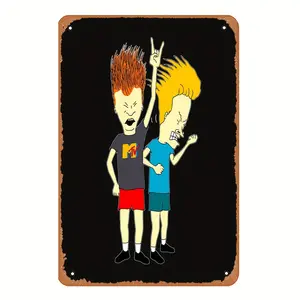 Vintage-Inspired Iron Metal Wall Art Decor, Beavis and Butt-Head Design, UV Protected Fade-Resistant Sign with Pre-Drilled Holes for Easy Hanging, Laminated Edges, 12x8", for Man Cave/Home/Garage