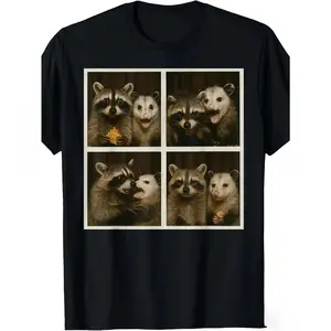 Funny Possum and Raccoon Selfie Pattern T-Shirt - Vintage Style Unisex Short Sleeve T-Shirt, featuring 4 animal selfie designs, suitable for both men and women, suitable for all seasons, and ideal for casual and themed events