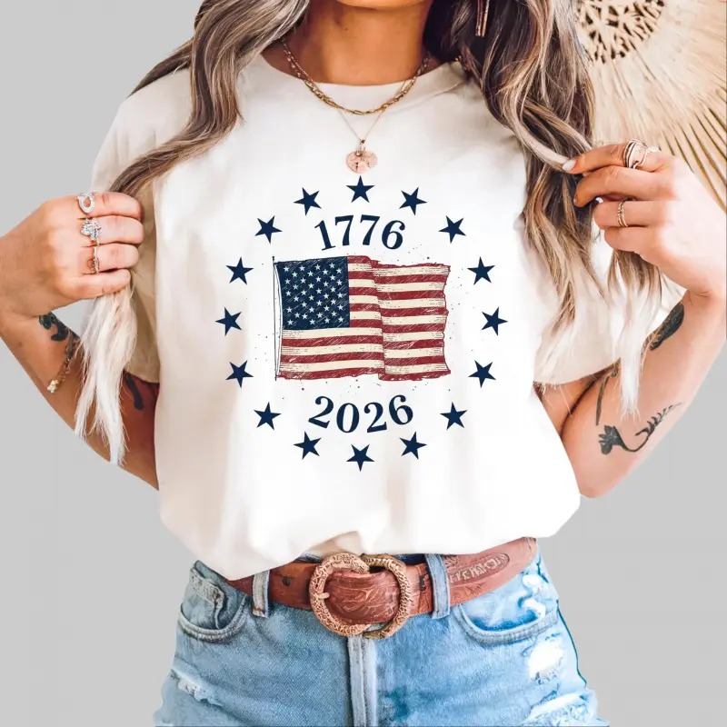 Women's Short-Sleeve Round Neck T-Shirt, Casual Sports-Themed Top - 1776-2026 USA 250 Years Patriotic Anniversary Preppy Sportswear, Shortsleeve, Casual Wear