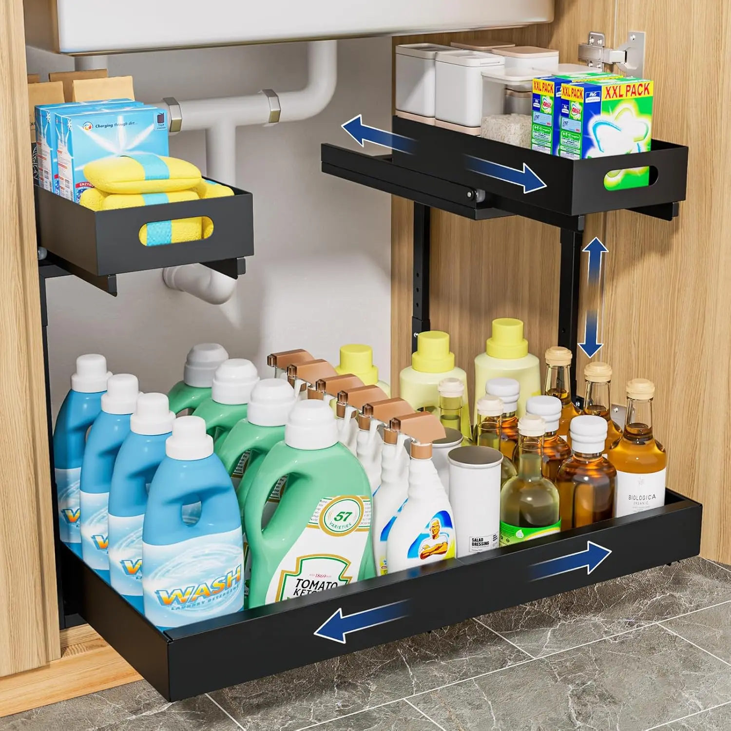 Insputer 2-Tier Stainless Steel Under Sink Storage Organizer, Expandable Under Cabinet Rack with 3 Slide Rails, Adjustable Height Thick Pull-Out Drawer Shelf for Bathroom, Kitchen