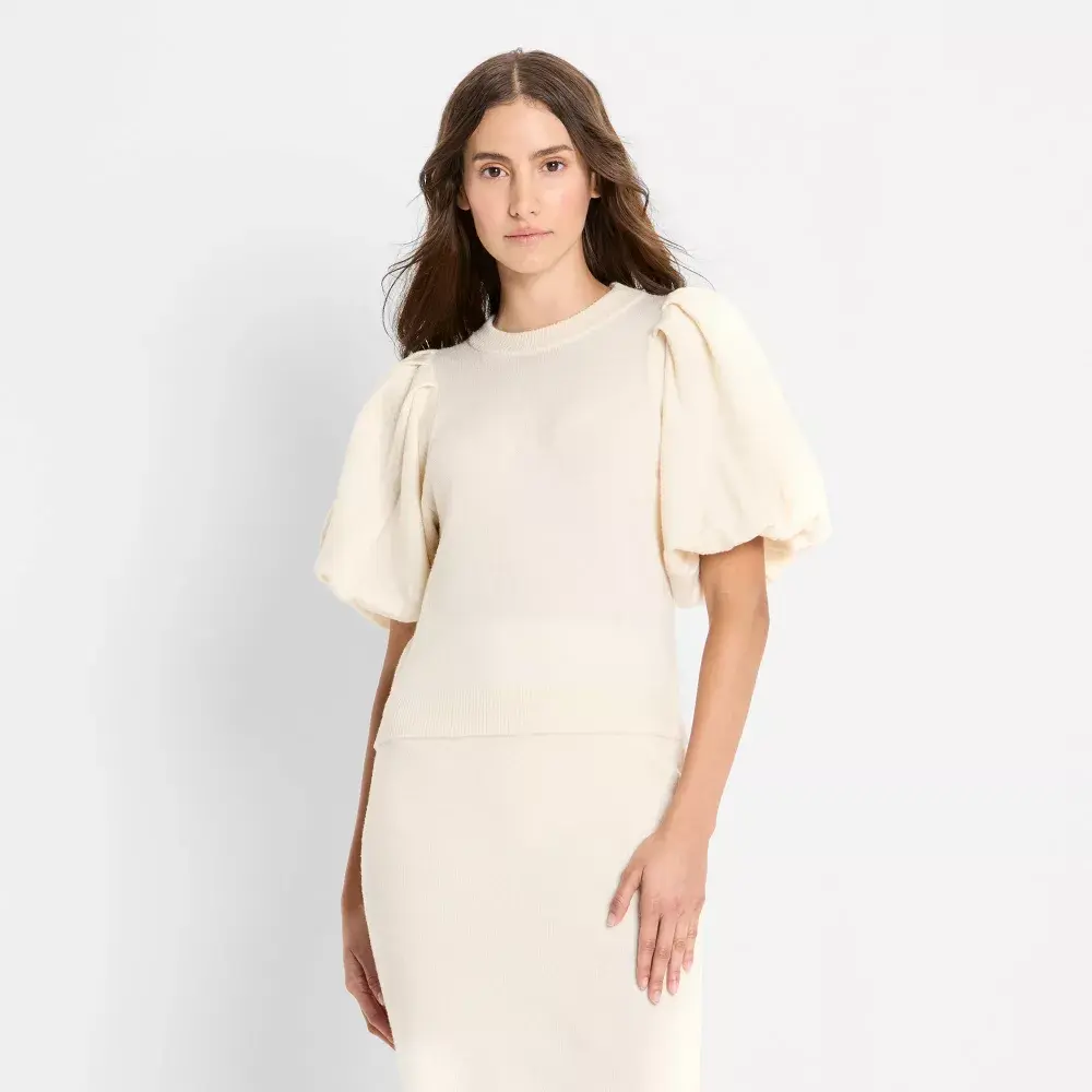 Women's Balloon Short Sleeve Textured Sweater - Future Collective