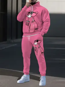 Pink full body pink leopard hooded sweatshirt+long pants couple set, cute and cool leopard wearing sunglasses, comfortable suction pearl milk tea printed long sleeved hooded sweatshirt and drawstring pants 2-piece set