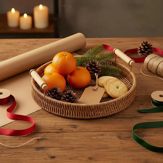 Round Rattan Tray, Round Woven Serving Basket with Handles, Storage Rattan Serving Trays for Home, Restaurant & Hotel Use