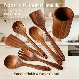 7pcs/set Natural Wood Kitchen Utensil Set，Wooden Cooking Tools，Wooden Spoon Set，Heat-Resistant Spoons，with Ergonomic Handles，Pans and Spatulas, Ideal for Induction Cookers