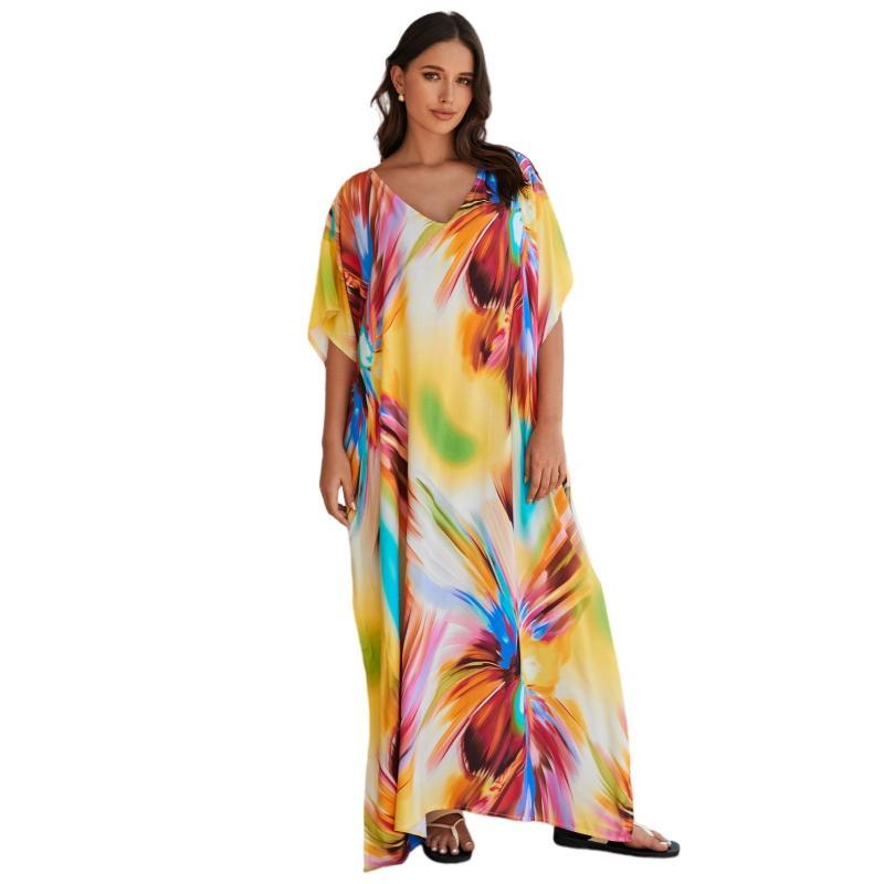 Women's Bohemian Viscose Ethnic Casual Kaftan Dress - Loose Oversized Maxi with Kaftan Drape, Boho Charm, Flower Print, Quick Slipon Wear, Casual Beach Style, Viscose Fabric (Yellow Background Flower)