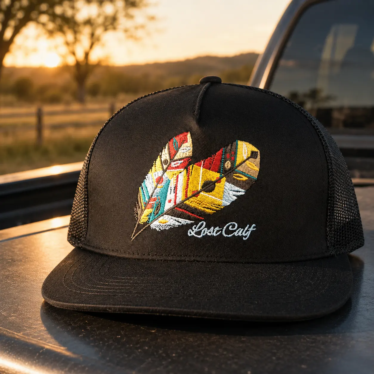 [ BUY 2 FOR 1 PRICE ] Lost Calf Trucker Hat, Black Embroidered Feather Snapback, Western Ranch Cap, Colorful Boho Feather Hat, Country Gift for Men