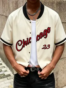 Men's Chicago 23 Embroidered Colorblock Short Sleeve Baseball Shirt, Casual Fitted H-Type Graphic Tee, Summer Streetwear Top