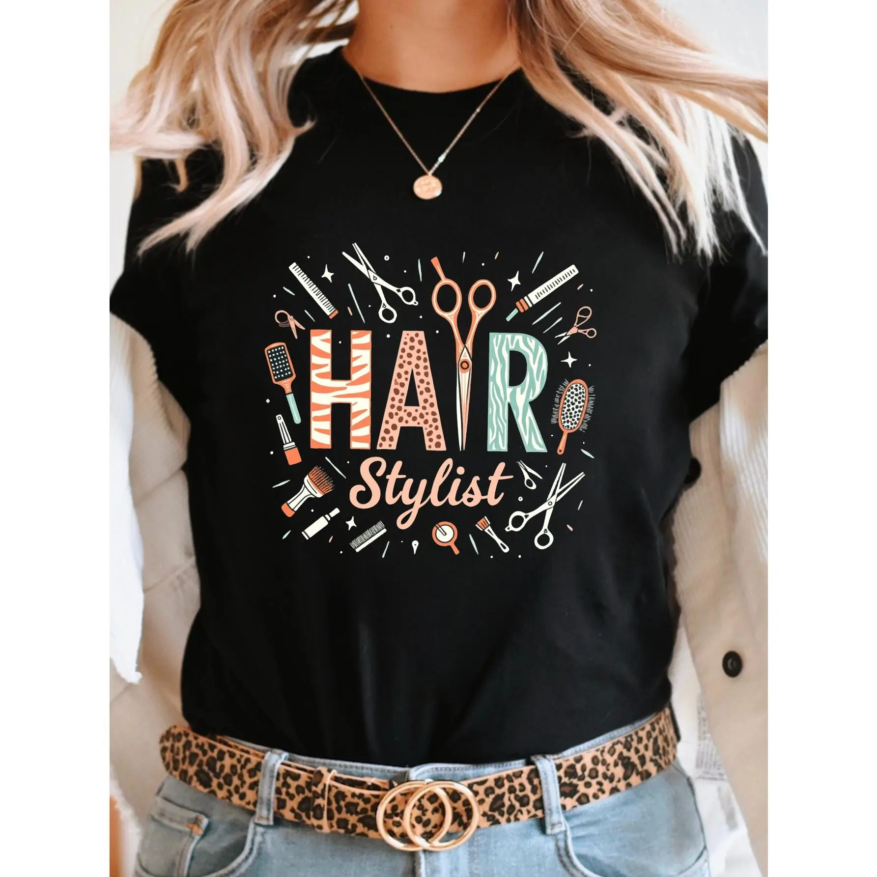 Women'S Hairstylist Graphic Tee - Salon Professional Work Shirt with Hair Tools Design - Black T-Shirt for Hairstylists - Lightweight Everyday Salon Apparel - Hairstylist Career Outfit, Hairstylist Gifts, Salon Clothing, Playful Design, Comfortable Fit, H