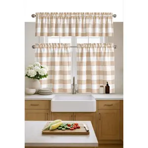 Window Valance and Tier Curtain Set 3 Piece, 54x18 Valance with 26x36 Panels, Farmhouse Curtains for Kitchen, Bathroom, Dining, Café Décor, Beige