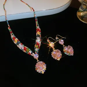 Secret Garden Color Zircon Micro-inlaid Rose Quartz Necklace, Light Luxury, Niche, Retro Collarbone Chain, Noble Jewelry for Wedding and Dinner E50054-EH,A10098-XL