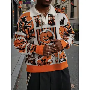 Halloween Evil Pumpkin Witch Cardigan, V Neck Button Textured Long Sleeve Knit Sweater, Unisex Fall Winter Fashion