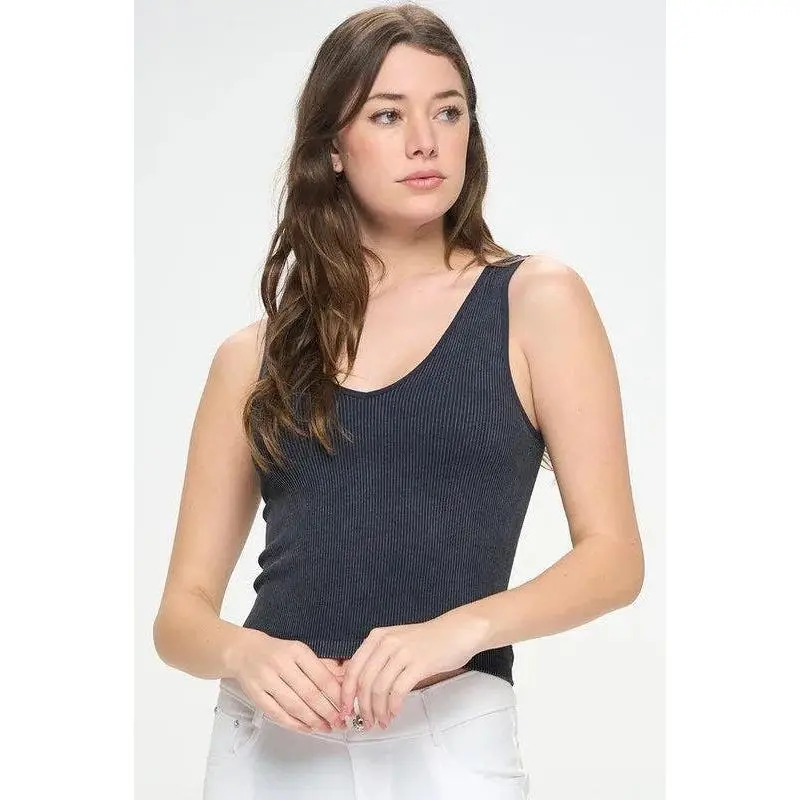 Women's Reversible Stonewashed Ribbed Tank Top - Nylon-Spandex Fabric, Casual Style, Ideal for Daily Wear
