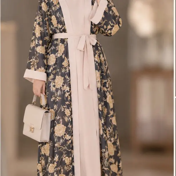 Women's 4-Piece Abaya Matching Set - Elegant Black and Gold Floral Print Robe, Cream Long-Sleeve Inner, Belt, Hijab (Size 54/M), Women's Matching Sets
