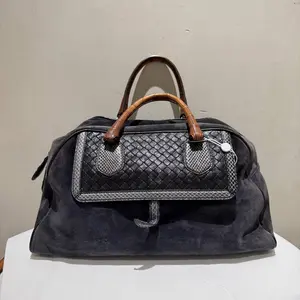 Pre-owned BOTTEGA VENETA faberic Tote Bags Intrecciato Suede Bowling Bag with bamboo handles and snakeskin trim.