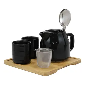 Ebros Midnight Black Contemporary Ceramic 20oz Tea Pot With 2 Cups And Bamboo Tray Set