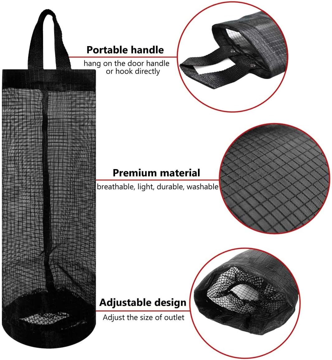2 Pcs Plastic Bag Holder Trash Bags Storage Dispenser Organizer for Home Kitchen Mesh Hanging Storage Dispensers Recycling Garbage Folding Hanging Storage Bag Grocery Bags Holder with 2 Hooks (Black)