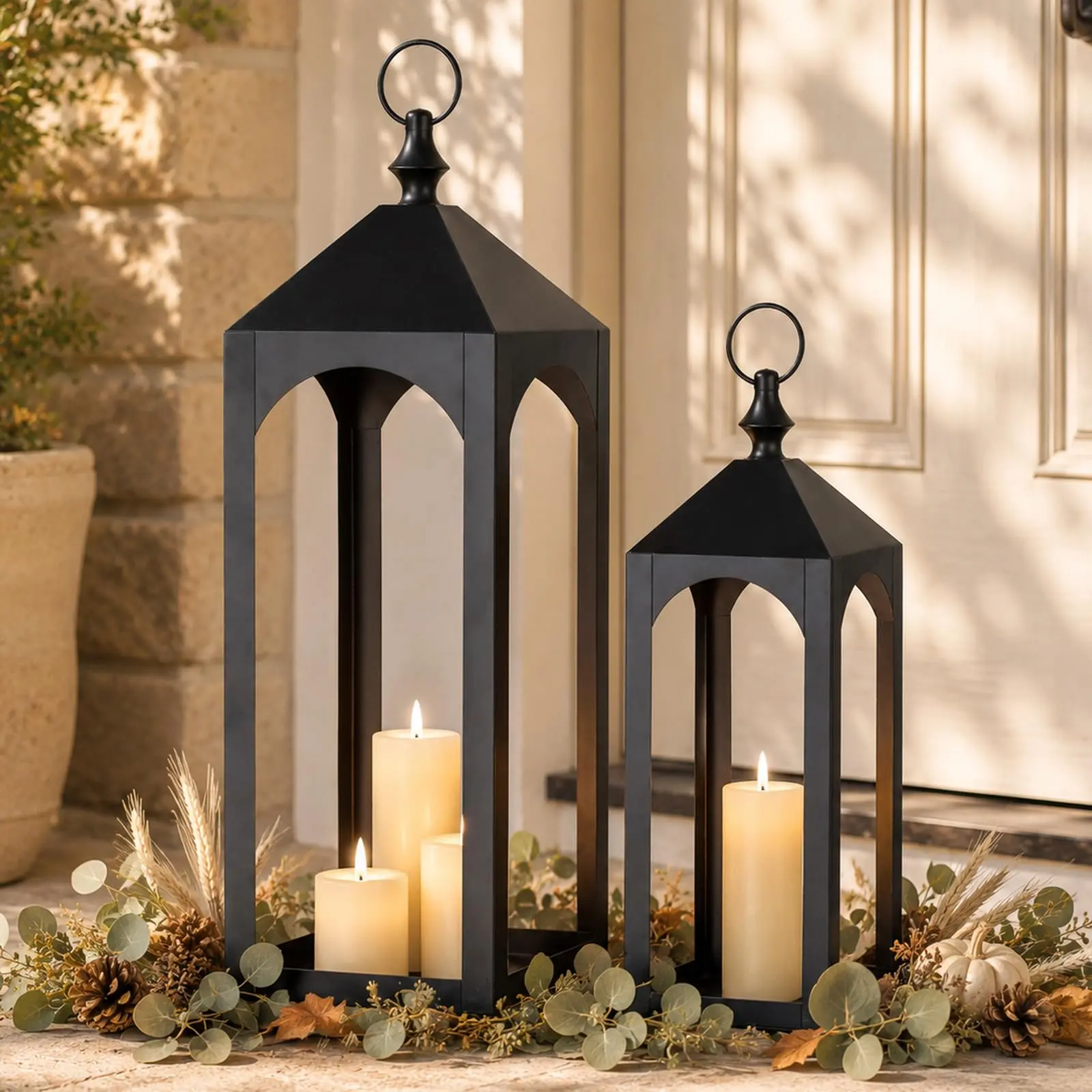 Set of 2 Indoor/Outdoor Tall Metal Candle Holders - 24" & 17" Large Floor Lanterns for Fall Porch, Patio, Fireplace Mantel Garden Decoration