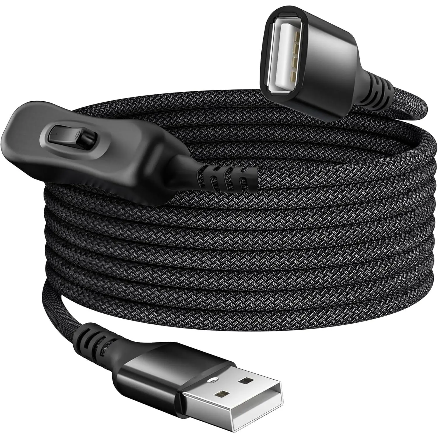 Inline Double-Braided Nylon Power Cut-Off Switch Cable - 3.3 FT Male-Female Extension, Easy to Activate, Nylon Braiding Design, Exceptional Appearance, Supports Data & USB Power Use for LED Light Strips, USB Fan