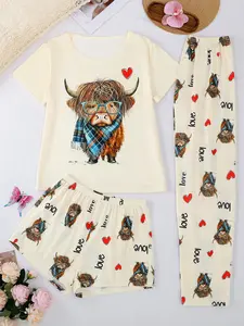 Women's Casual Sleepwear Set, Round Neck Short Sleeve Top, Shorts and Pants, Scottish Plaid Highland Cow Print, All Seasons Wear