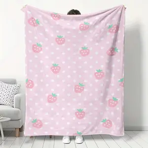 Pink Strawberry Print Flannel Blanket, Soft Warm Cozy Throw for Home Kitchen Sofa Camping Relaxation