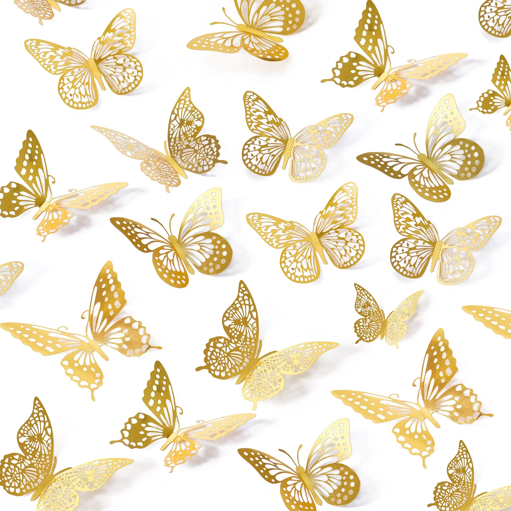 48 Pcs Metallic Gold Flat Paper Butterfly Decorative Wall Stickers - 4 Styles, 3 Sizes, Removable Decals for Home Wall Decor, Birthday Celebrations, Murals