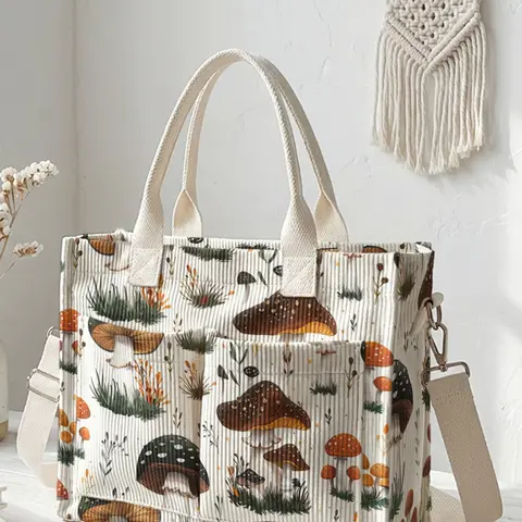 Mushroom-Pattern Printed Travel Shoulder Bag, 1 Count Durable Large-Capacity Wear-Resistant Casual Commuter Bag with Multi-Pocket Design, Travel Essentials Bag for Work, Shopping, Picnic and Other Occasions