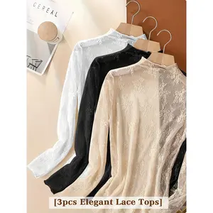 3pcs Elegant Lace Tops, Semi-Sheer and Intimate, High Stretch Fabric, Cloudlike Mist Aesthetic, Perfect for Date Night, Commuting, and Vacation