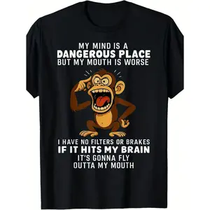 Graphic T-Shirt Men’s Funny Monkey Graphic T-Shirt "My Mind Is a Dangerous Place" |   180g Cotton Casual Short Sleeve, 4th of July Party Tee, Streetwear Outfit, TikTok Trending, Meme Shirt, Unisex Graphic Tee, Summer Casual Top, Viral Humor Tee Gift for H