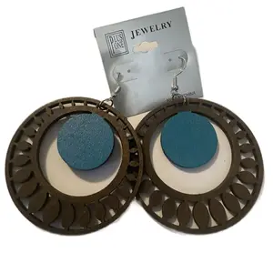 Round Wood Cut Out Earring Colorful Center Circle