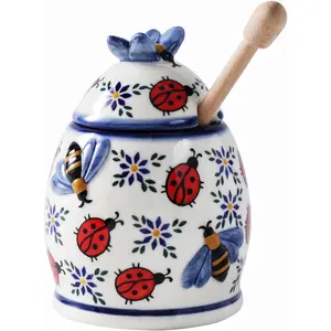 Ceramic Honey Jar with Dipper and Lid,10oz Honey Pot with Embossed Bees, Handpainted Honey Container for  Kitchen Decor, Dishwasher Safe- Summernight Ladybug