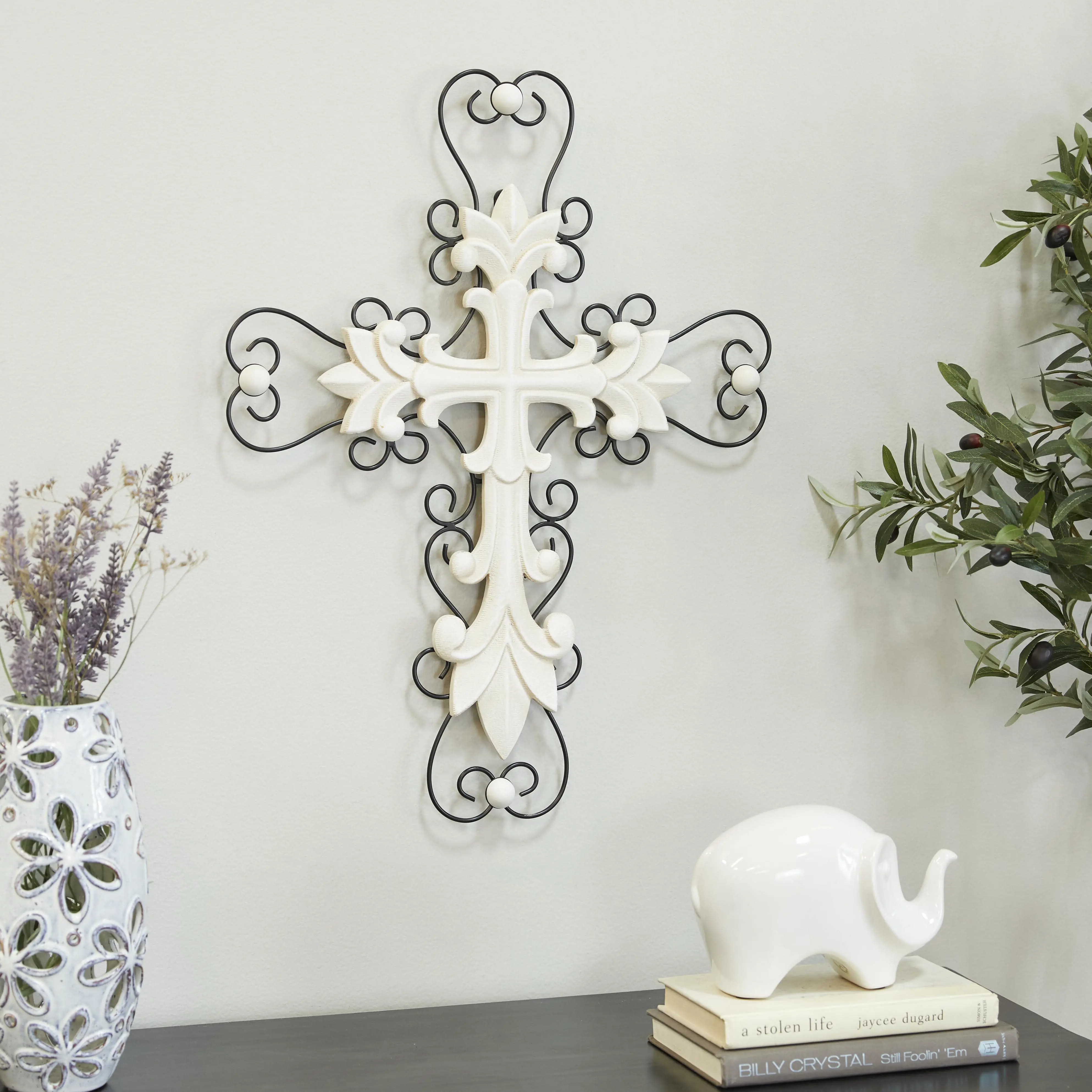 White Wood Cross Carved Cross Home Wall Decor with Metal Scrollwork, 18" x 1" x 24"