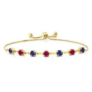 Gem Stone King 18K Yellow Gold Plated Silver Blue Created Sapphire and Red Created Ruby Infinity Tennis Bracelet For Women (2.60 Cttw, Gemstone September Birthstone, Round 4.5MM, Fully Adjustable Up to 9 Inch)