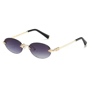 Retro Oval Sunglasses for Men and Women Fashionable Y2K Frameless Narrow Tone Sunglasses with Gold Accents