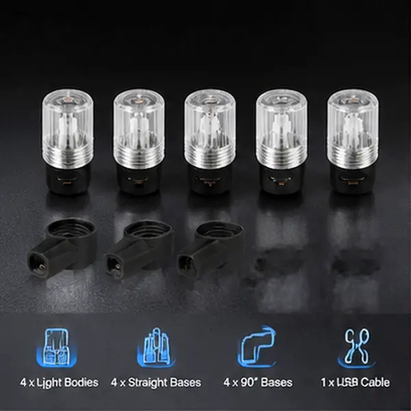 4Pcs Rechargeable LED Tire Valve Cap Lights - Straight & Elbow Base, USB Charging, Tool-Free, Transparent Shell, Universal Fit Auto Wheel Decorations, Heavy-Duty Reusable, Snow Fluorescent Glow, Night Driving Tire Pressure Monitoring Accessory