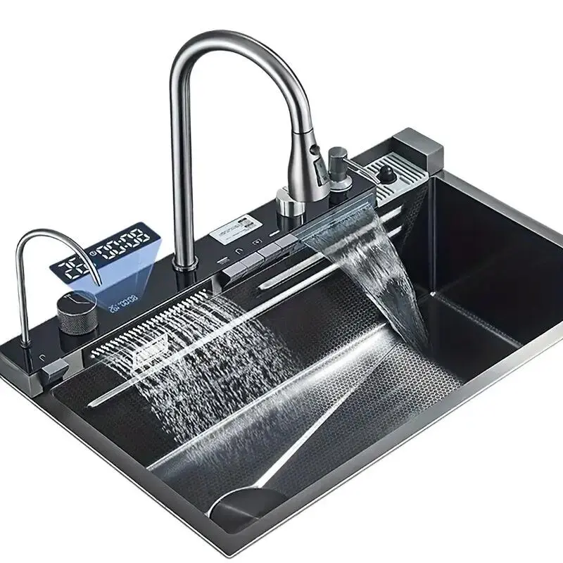 Stainless Steel Digital Kitchen Sink Set，Stainless Steel Bar Sink With Pull Down Sprayhead Faucet, Smart Modern Kitchen Sink With Full Set Of Accessories, Gun Gray&Brushed Golden