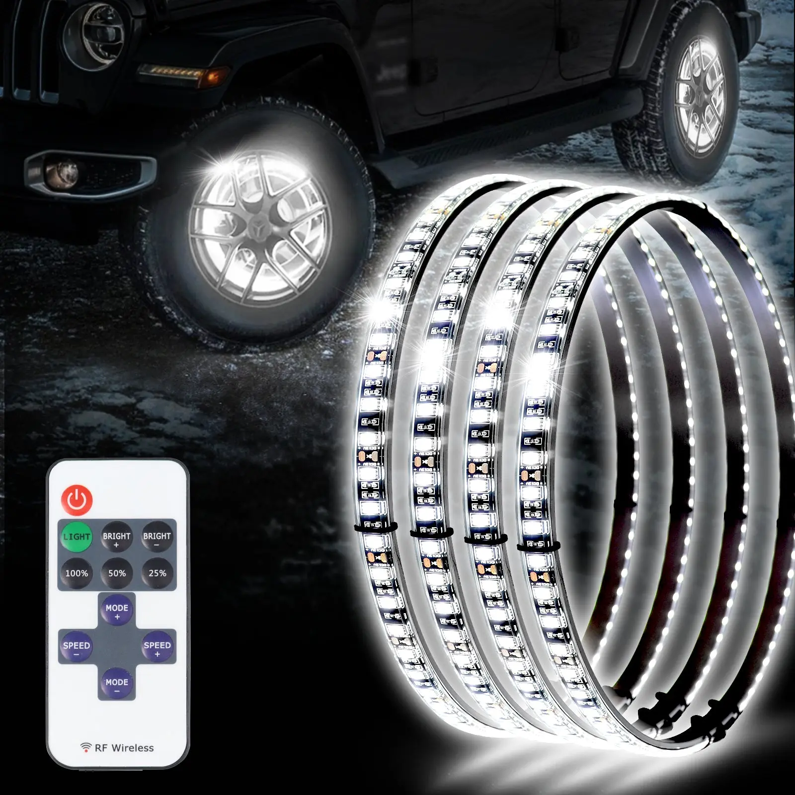 Adjustable 6500K Ultra-Bright Pure White LED Wheel Ring Lights for Trucks Cars SUVs Pickups Vehicle Offroad | Single-Sided Single Row