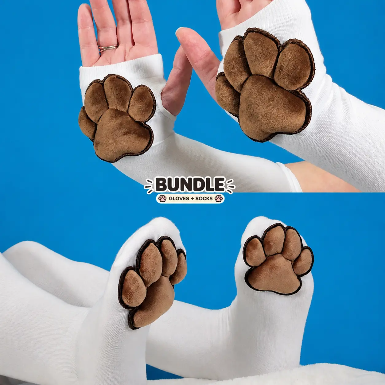 BUNDLE: Brown Plush Paw Pads on White Fingerless Gloves and Socks Fake