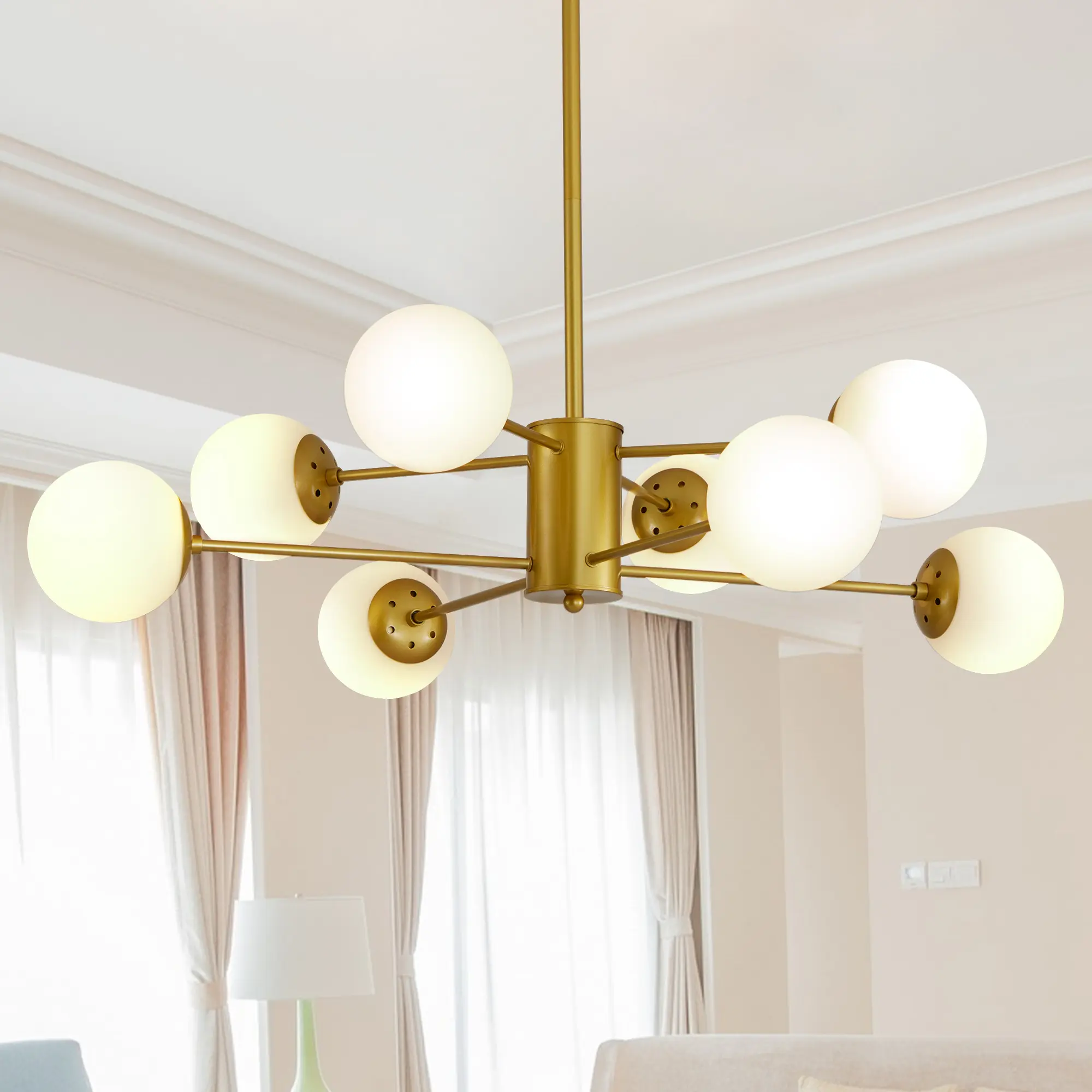 Champagne Gold 8-Light Sputnik Chandelier - 60s Style Dimmable E26 Base Globe Glass Ball Pendant Light, Adjustable Height Ceiling Fixture for Living Room, Dining Room Home Improvement Lighting, 60S Style Pendant Lights, Adjustable Height Pendant Lights