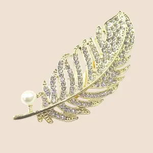 Pearl Accent Crystal Feather Brooch