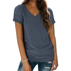 Women's Fitted V-Neck Short Sleeve T-Shirt - Plain Cotton Casual Summer Top for Beach & Streetwear