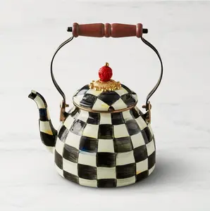MACKENZIE-CHILDS Enamel Stovetop Tea Kettle, Black-White Courtly Check Design, 3 Qt Kitchen Tea & Coffeeware Teapot