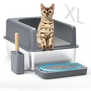 Stainless Steel Litter Box, Extra Large XL Cat Litter Box, High Side Litter Box Enclosure, Covered Litter Box with Lid for Kitty, Big Cat, Include Litter Scoop & Pedal, Non-Sticky _