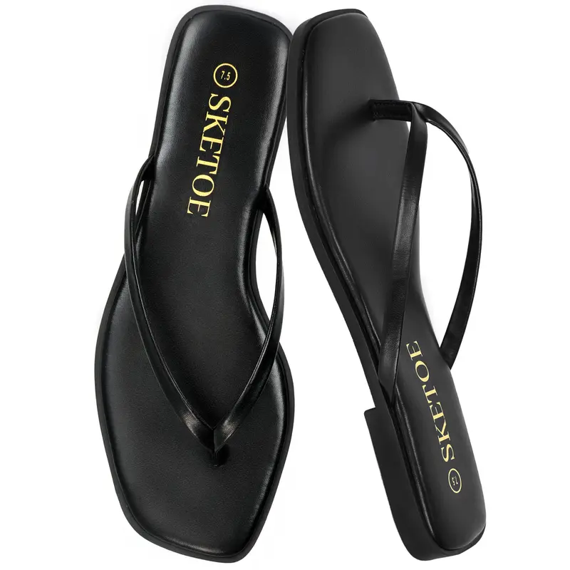 Women's Flip Flops  Black Square Toe Flat Cute Sandals for Women 2026  Vegan Leather Lightweight Late-Summer Sandals  Dressy Vacation Essentials Slides ,Summer Women's Shoes 2026, Fashion Platform Sandals Footwear sandals for summer,summer shoe clearance